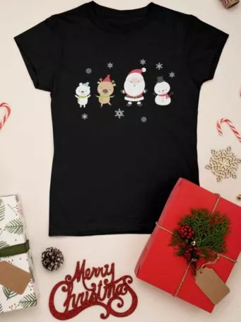cute girl in black tshirt with Santa, reindeer, snowman