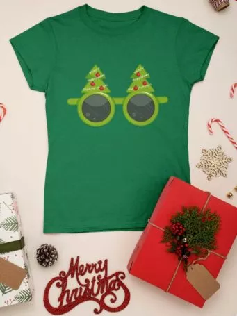 green tshirt with christmas tree glasses