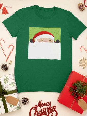 green tshirt with Santa peeping out