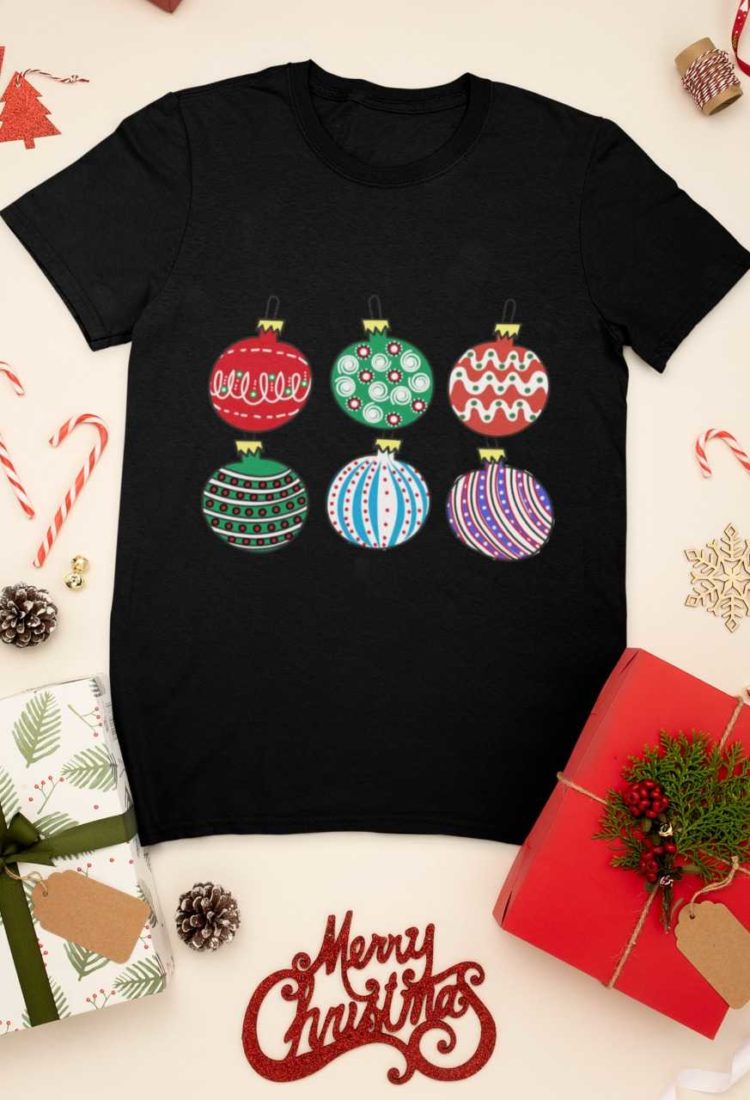 black tshirt withh Christmas ornaments