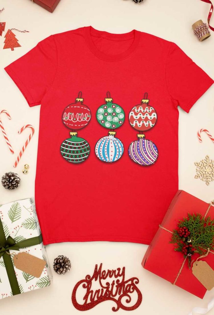 red tshirt with Christmas ornaments