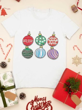 white tshirt with Christmas ornaments