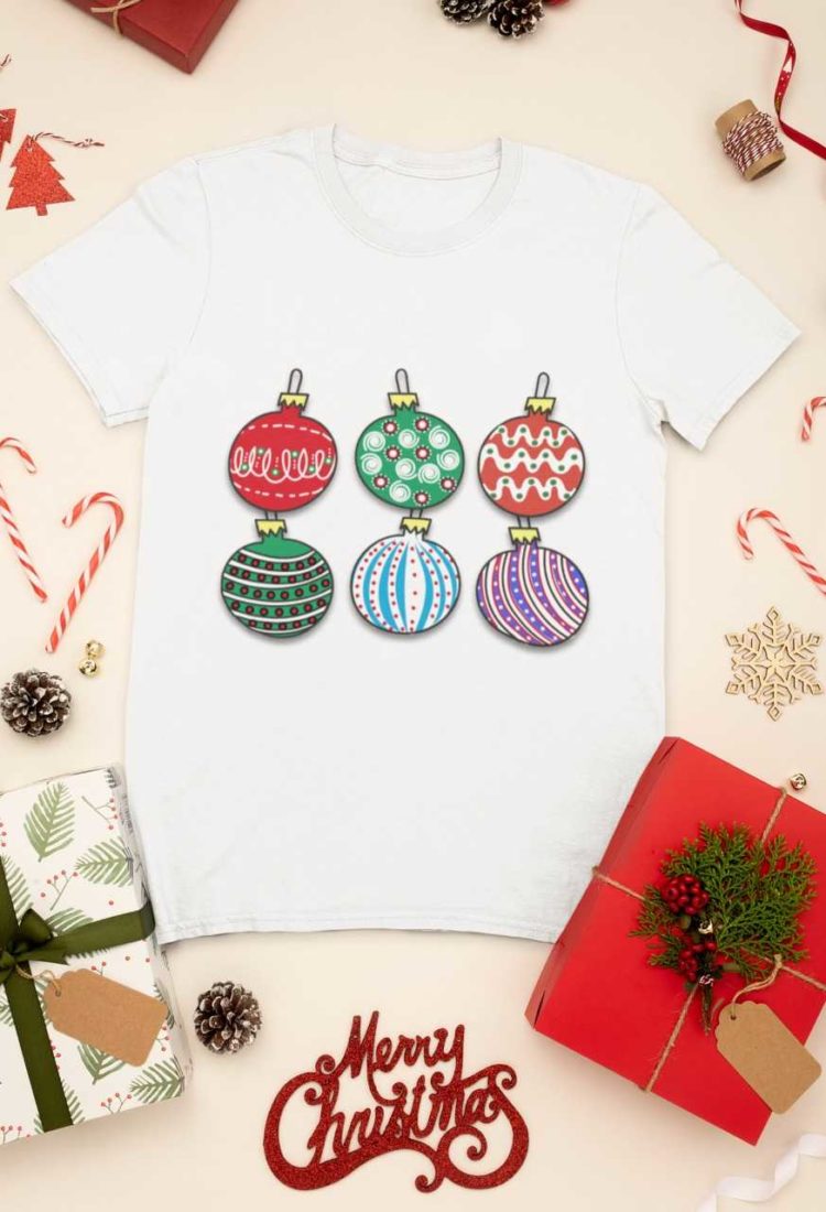 white tshirt with Christmas ornaments