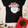 black tshirt with Cats in a mug with candy canes