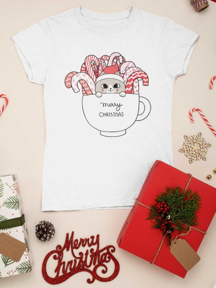 white tshirt with Cats in a mug with candy canes