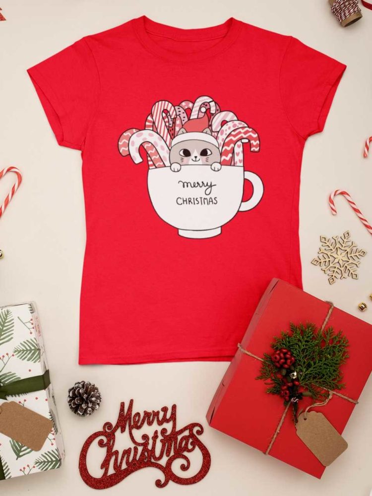 red tshirt with Cats in a mug with candy canes