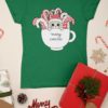 green tshirt with Cats in a mug with candy canes