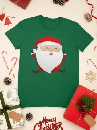 Happy Jumping Santa on a green tshirt