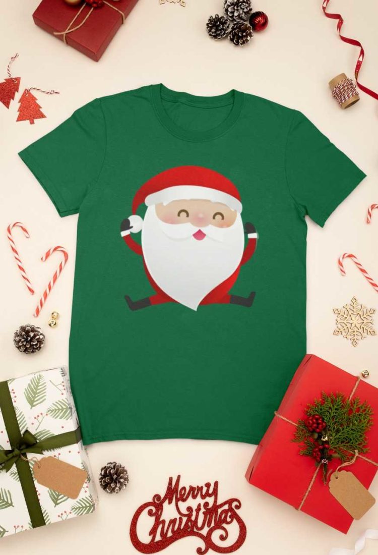 Happy Jumping Santa on a green tshirt