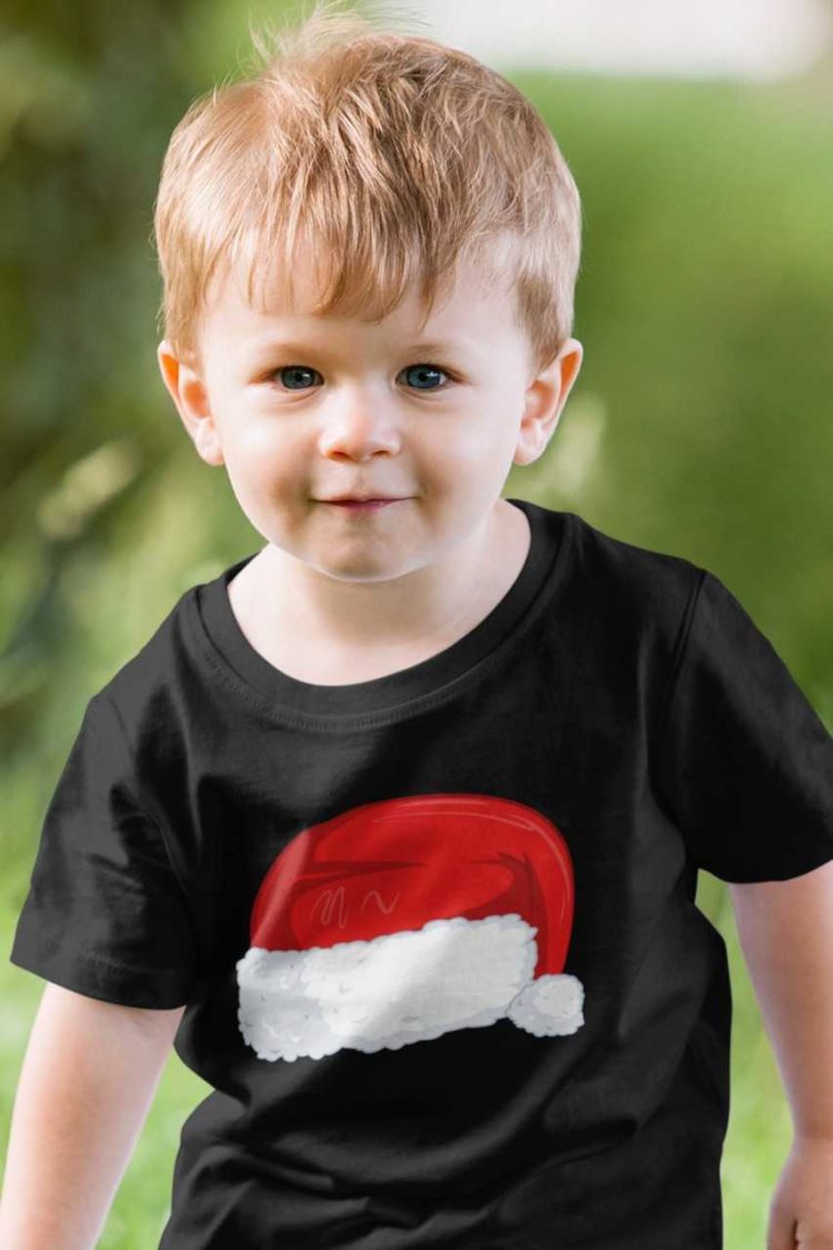 cute boy in a black tshirt with Santa Hat