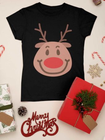 black tshirt with a Smiling reindeer face