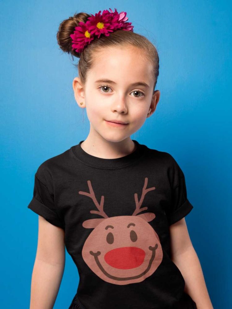 pretty girl in a black tshirt with a Smiling reindeer face