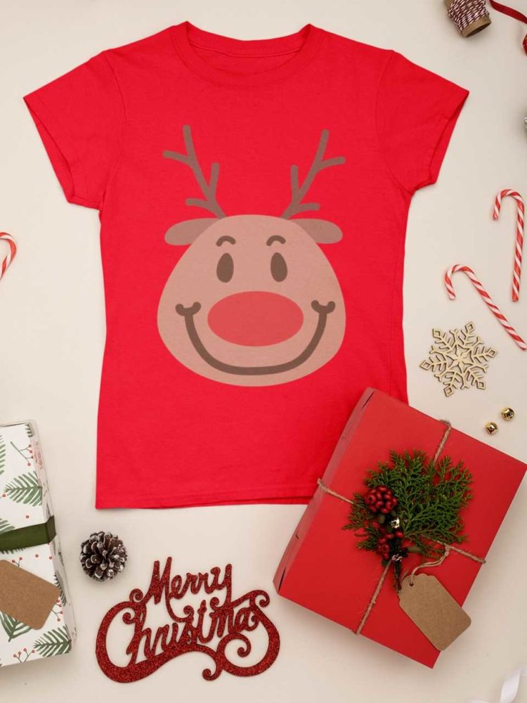 red tshirt with a Smiling reindeer face