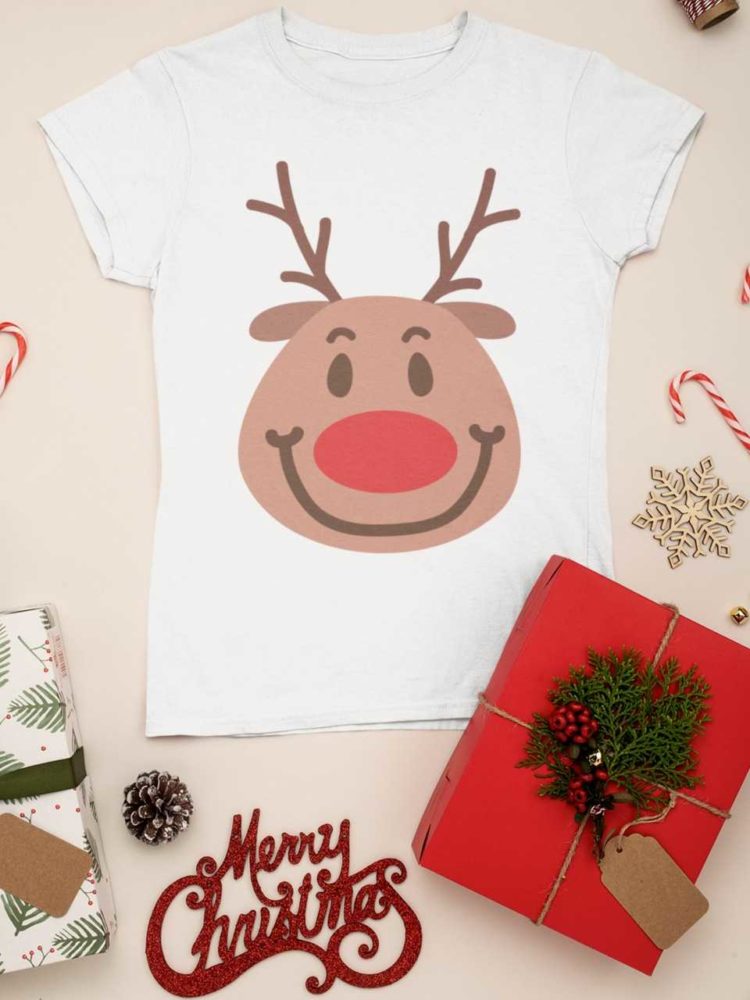 white tshirt with a Smiling reindeer face