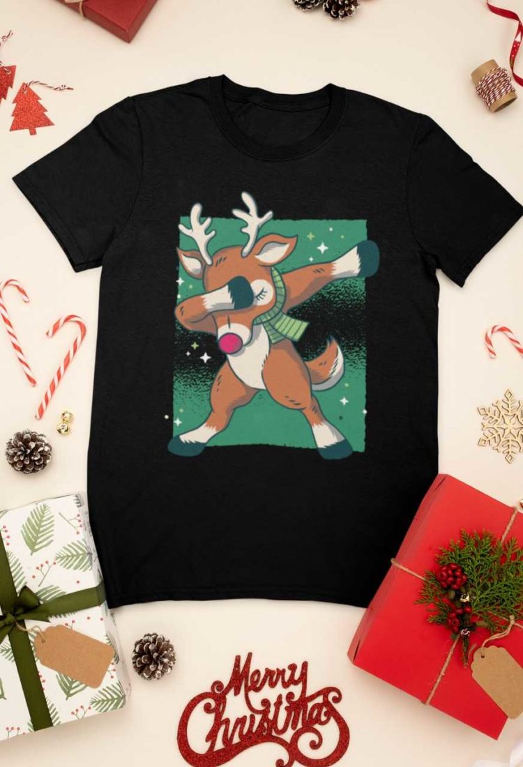 Reindeer dabbing on a black tshirt