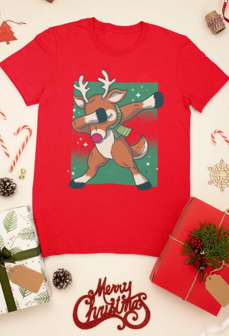 Reindeer dabbing on a red tshirt