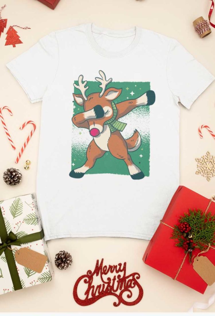 Reindeer dabbing on a white tshirt