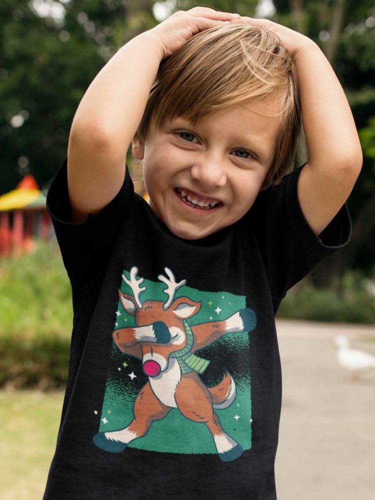 cute boy in a black tshirt with a Reindeer dabbing