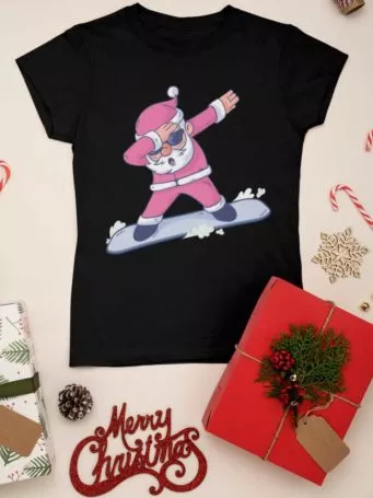 Black tshirt with Santa dabbing on a snowboard