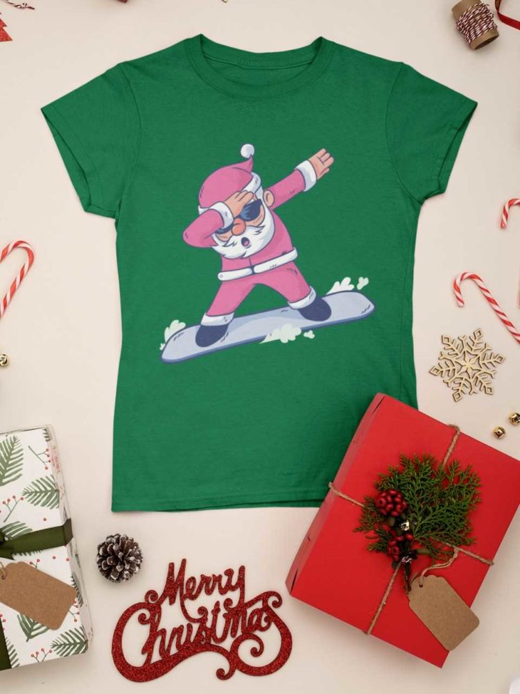 green tshirt with Santa dabbing on a snowboard