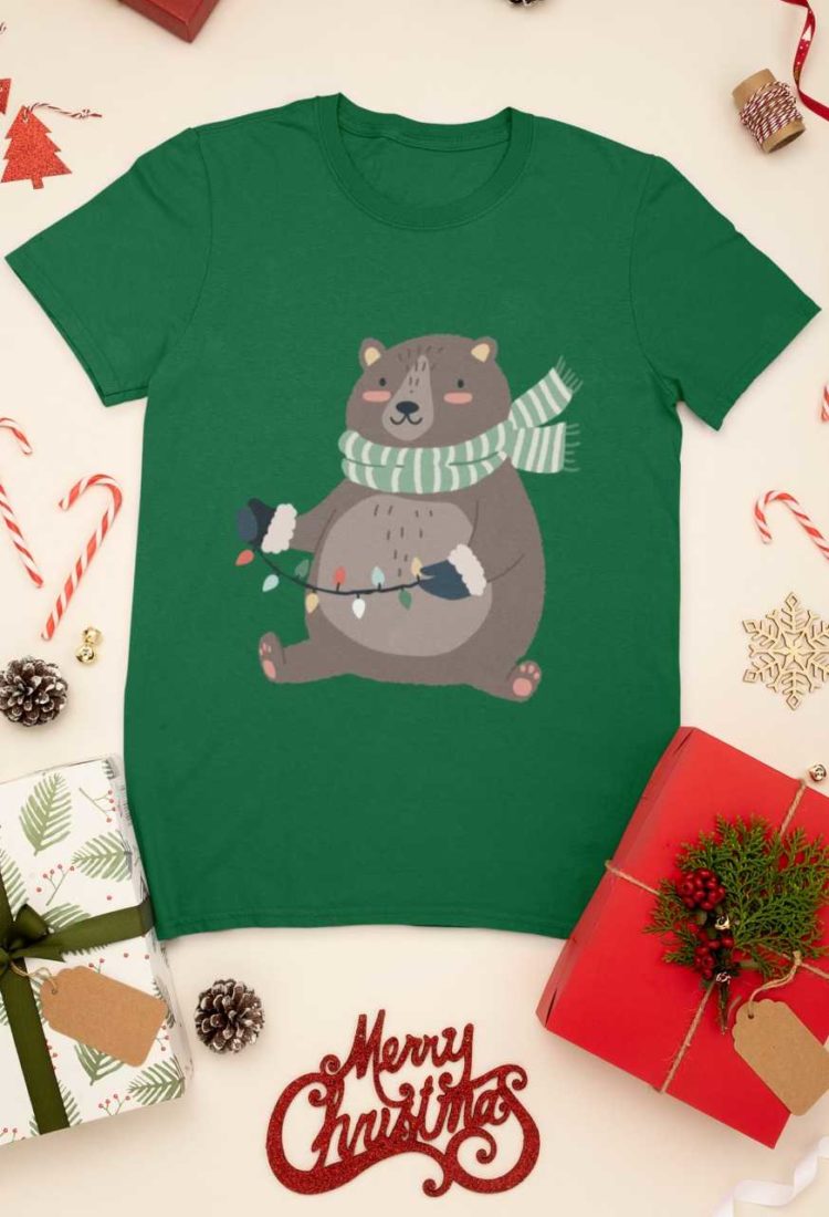 green tshirt with a Bear holding christmas lights