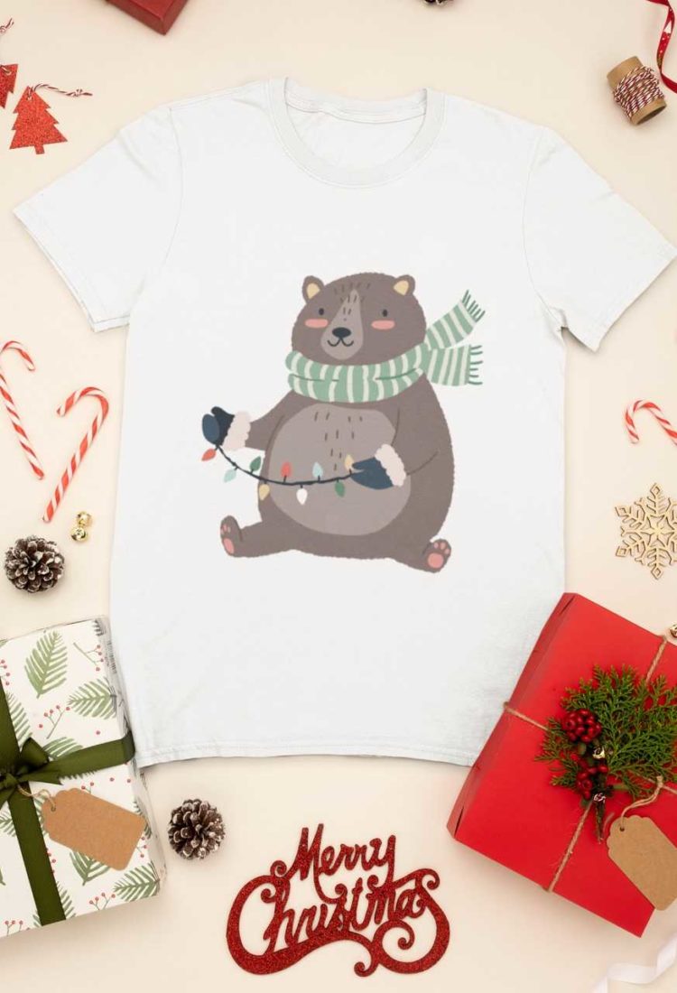 white tshirt with a Bear holding christmas lights