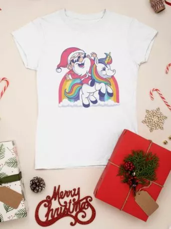 White tshirt with Santa riding a Unicorn