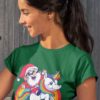 pretty girl in a green tshirt with Santa riding a Unicorn