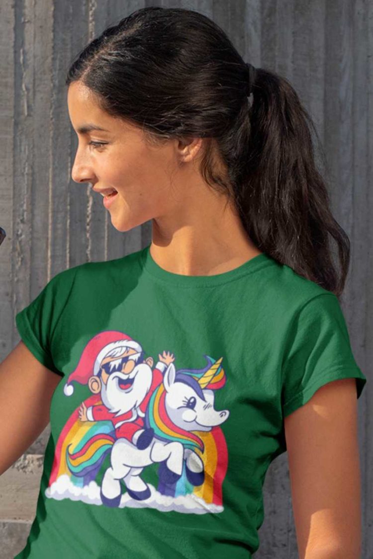 pretty girl in a green tshirt with Santa riding a Unicorn