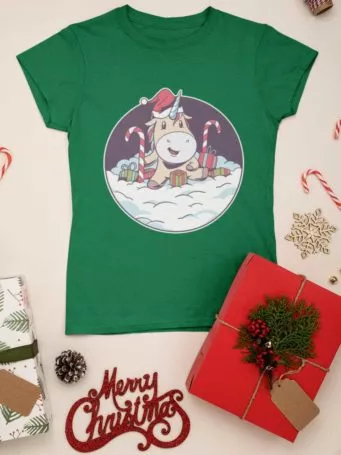 green tshirt with a Unicorn with candy canes and gifts