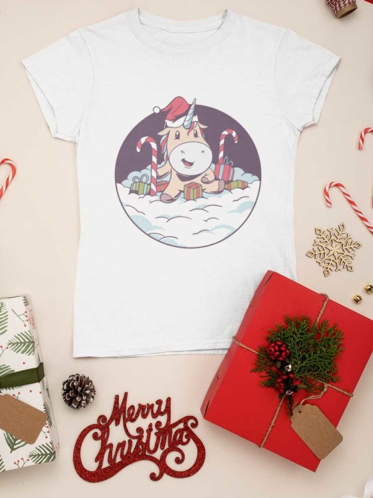 white tshirt with a Unicorn with candy canes and gifts