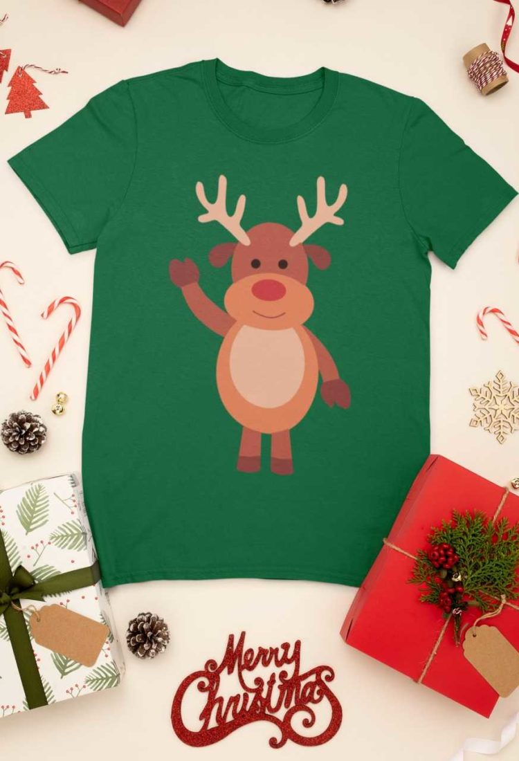 green tshirt with a reindeer waving hello