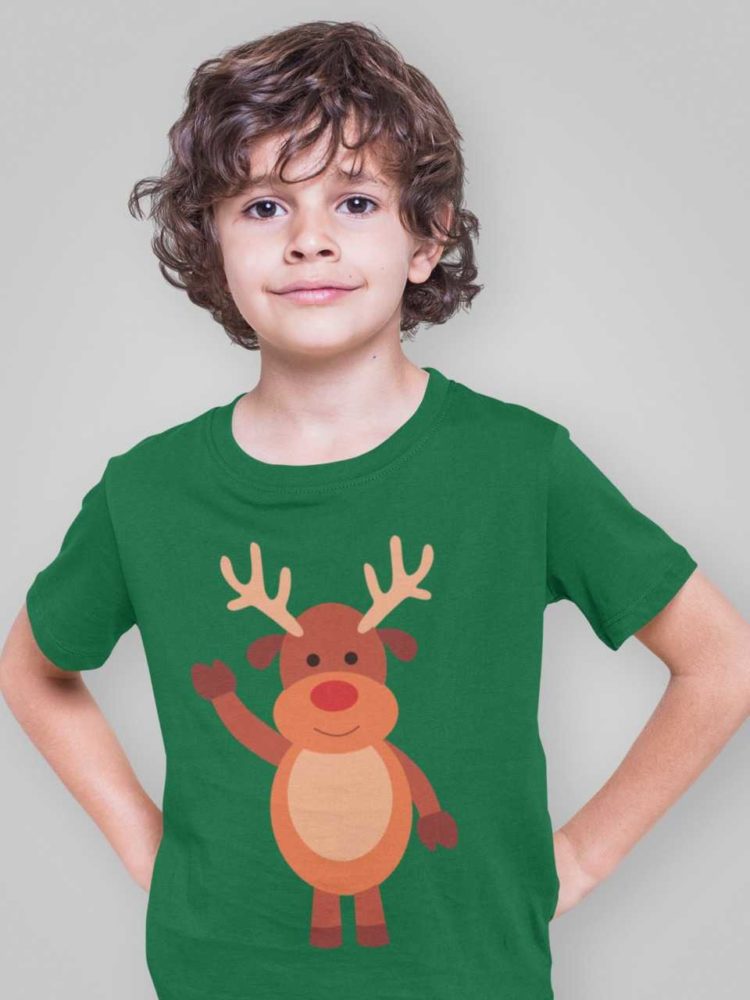 smart boy in a green tshirt with a reindeer waving hello