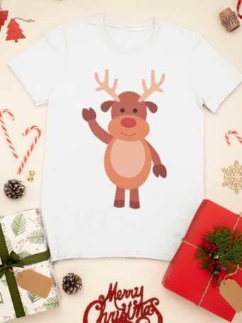 white tshirt with a reindeer waving hello