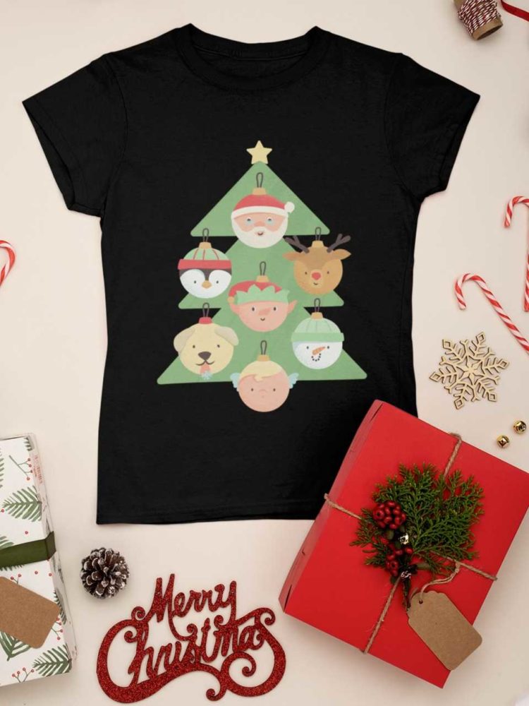 Black tshirt with a christmas tree with character ornaments