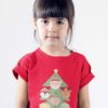 ute girl in a red tshirt with a christmas tree with character ornaments