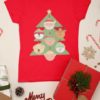 red tshirt with a christmas tree with character ornaments