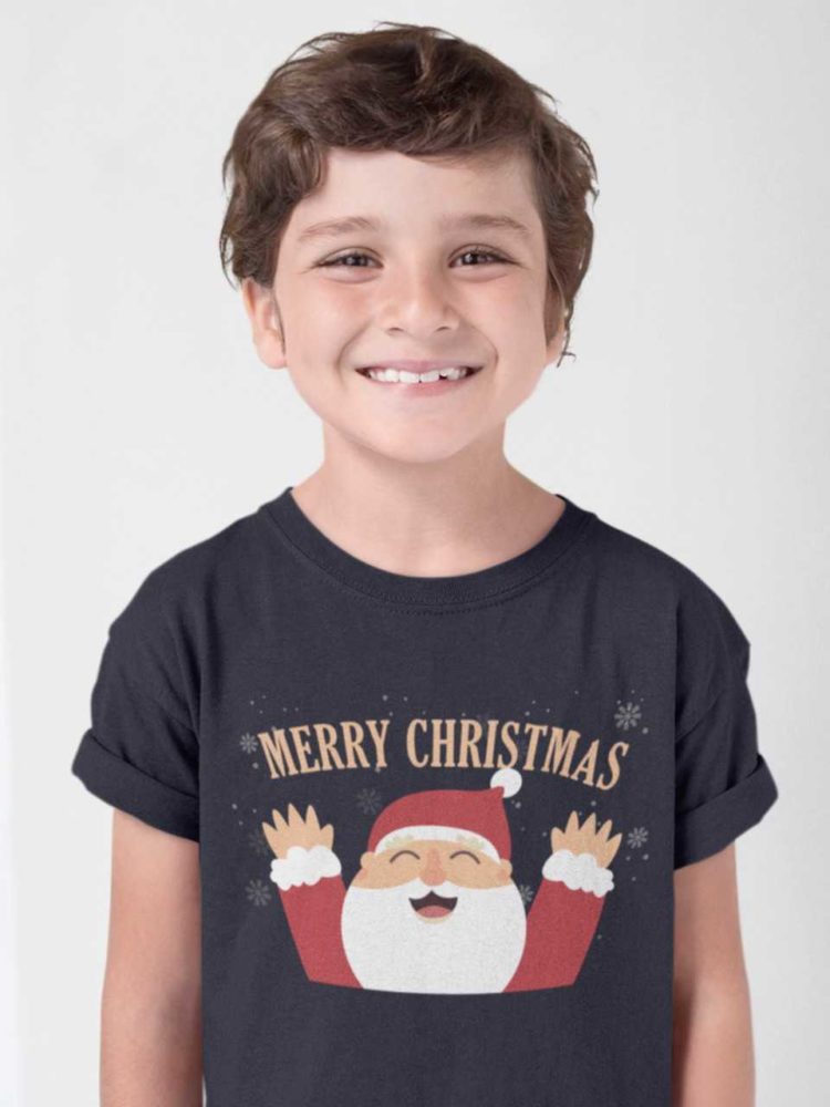 sweet boy in a black tshirt with Santa saying Merry Christmas