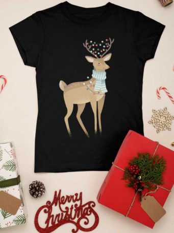 black tshirt with Reindeer with christmas lights
