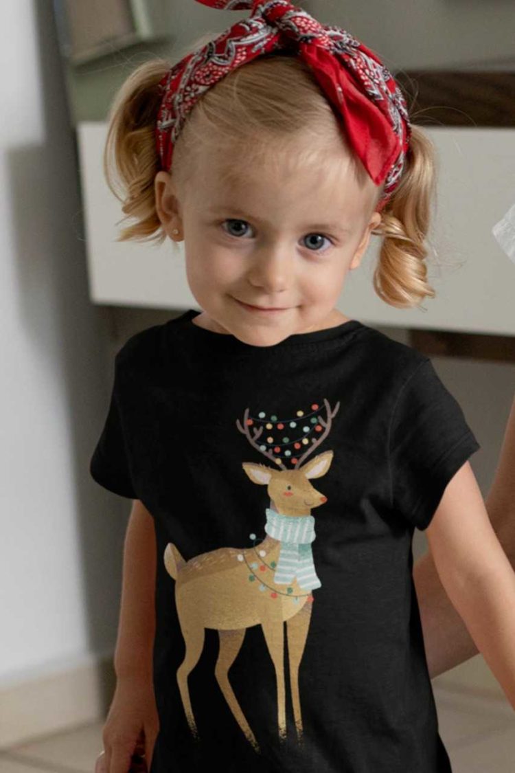 cute girl in a black tshirt with Reindeer with christmas lights