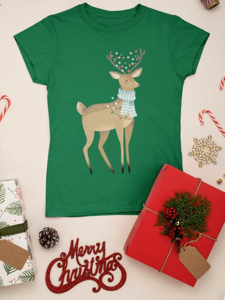 green tshirt with Reindeer with christmas lights