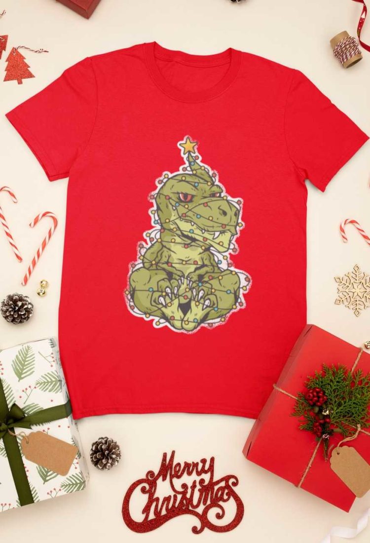 red tshirt with Dinosaur tangled in christmas lights