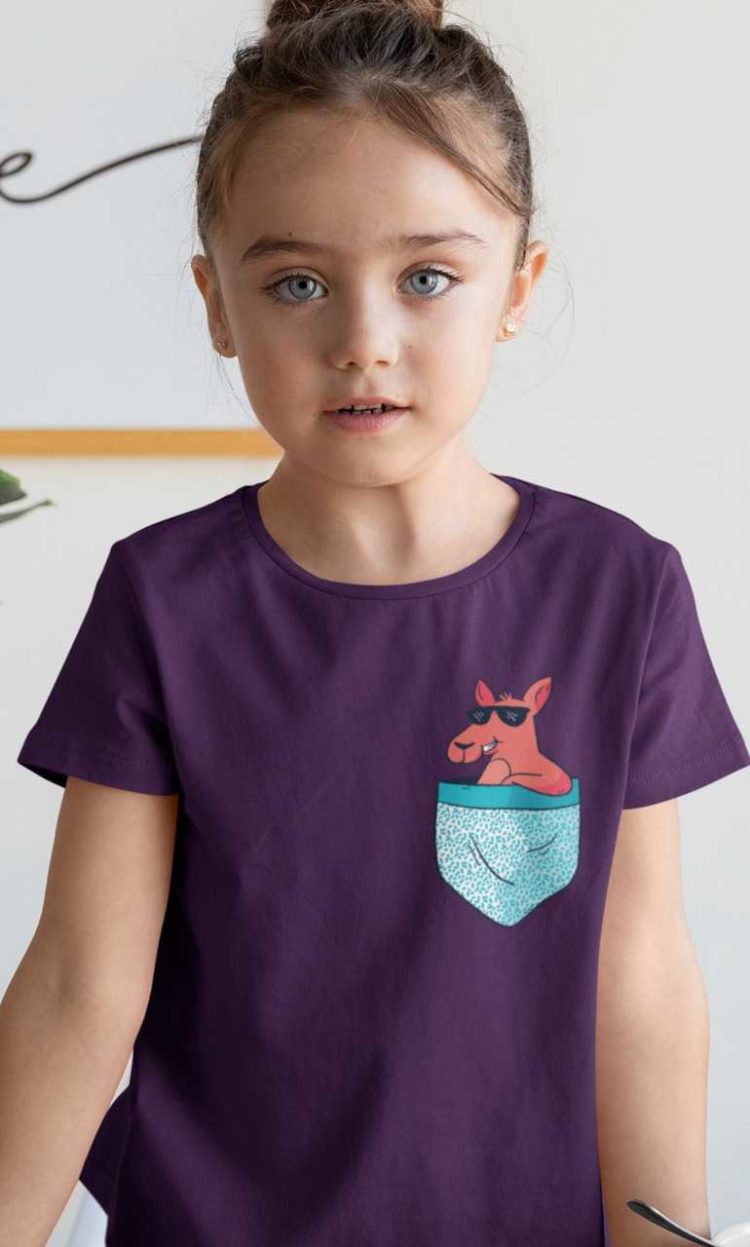 beautiful little girl in a purple Deep blue tshirt with a Kangaroo in the pocket