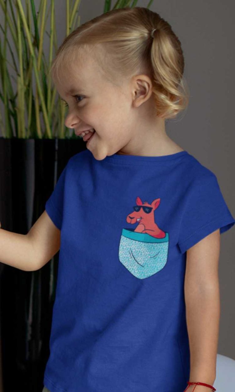 happy little girl in a Deep blue tshirt with a Kangaroo in the pocket
