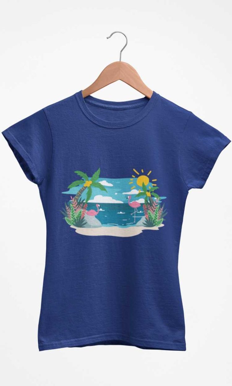 Deep blue tshirt with Flamingoes on a beach