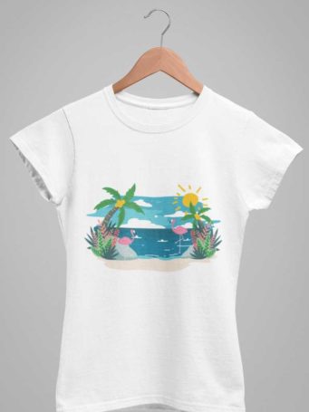 White tshirt with Flamingoes on a beach