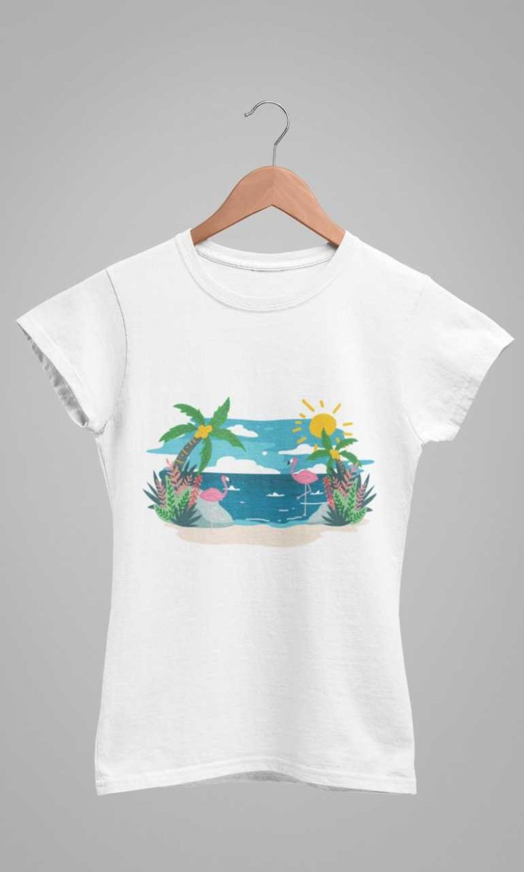 White tshirt with Flamingoes on a beach