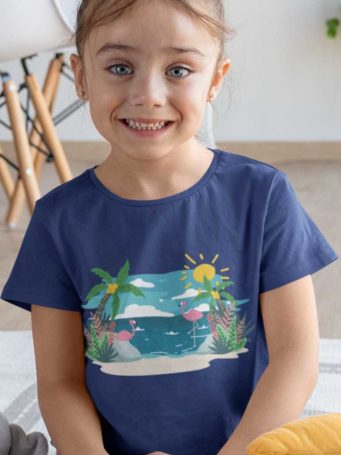 6S1225 sweet girl in a deep blue tshirt with Flamingoes on a beach