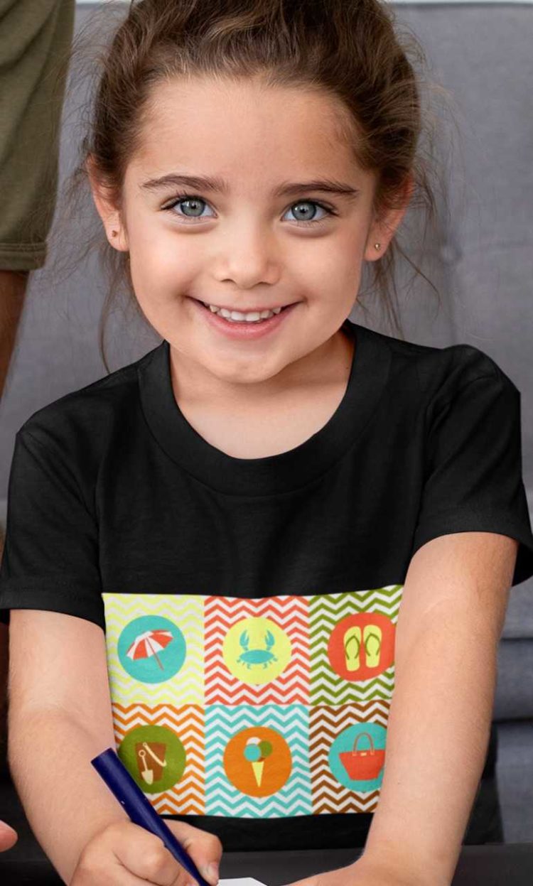 cute girl in a black Beach theme tshirt