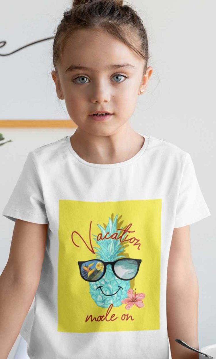 Cute girl in a white Vacation mode on tshirt